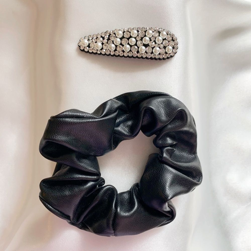 LILOU Jewel Hair Clip & Leather Scrunchie Set - 2 pc Set
